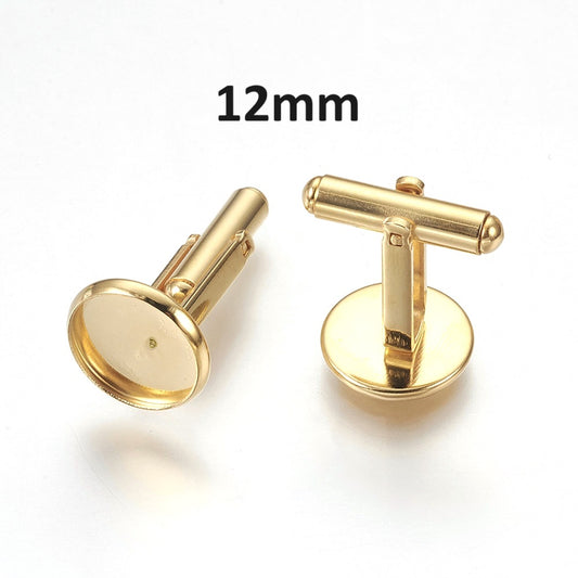 CU008 - Lot of 10 Gold Plated Cuff Links (5 pairs) - 12mm Glue Pad Bezel Setting - 304 Stainless Steel - Tarnish Resistant! Very High Quality!