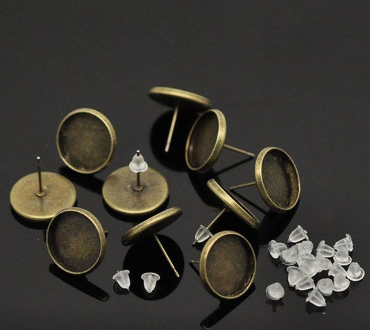 E168 - 30 pcs. Antique Bronze Earring Posts Studs Settings Bezels Cabochons Tacks - 14mm Glue Pad Setting - Made of Copper
