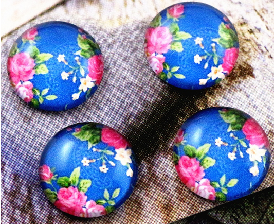 GT017 - 10 pcs Circle Flower Glass Round Dome Seals Tiles Cabochons - 12mm - Pink Rose with Blue Background