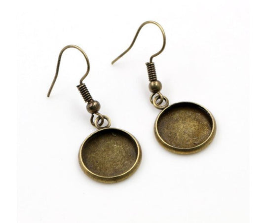 E056 - 10 pcs. Antique Bronze Earring Dangle Hooks Settings Bezels Cabochons - 12mm Glue Pad Setting - Single-Sided