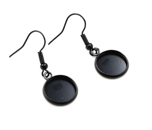 E059 - 10 pcs. Black Earring Dangle Hooks Settings Bezels Cabochons - 12mm Glue Pad Setting