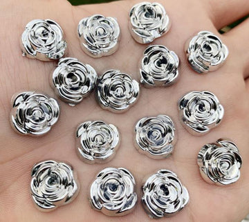 CA267 - 10 pcs (5 Pairs) Resin Cabochons - 15mm - Rose Flower Design - Silver - Fit on 12mm flat settings! - Silver Back