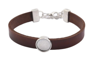B079 - 2 pcs. Brown REAL Leather Bracelets with 12mm Glue Pad Bezel Trays and Extender Chains - Adjustable from 7" to 9"