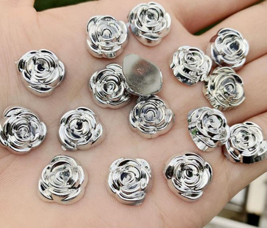 CA267 - 10 pcs (5 Pairs) Resin Cabochons - 15mm - Rose Flower Design - Silver - Fit on 12mm flat settings! - Silver Back