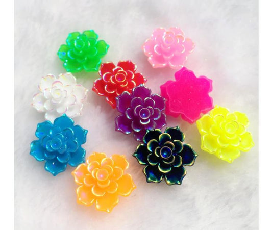 CA283 - 10 pcs (5 Pairs) Resin Cabochons - 18mm - Flower Design - Assortment with Multicolor Edges - Flat Back