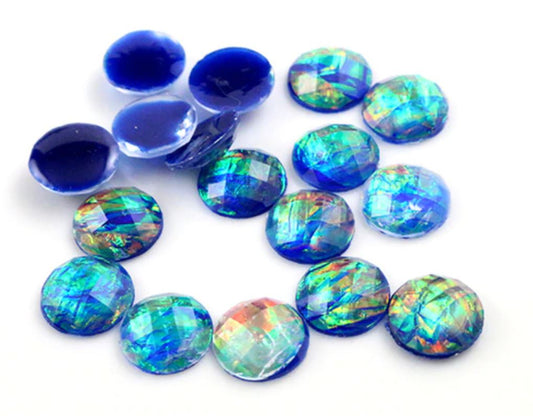 CA035 - 10 pcs Resin Round Embellishment Circle Cabochons Metal Mosaic Foil - Dark Blue Multicolor - 12mm - Faceted