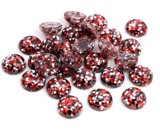 BD195 - 10 pcs Druzy Resin Embellishment Cabochons - 12mm - Glitter Style - Black, Red and Silver - Multi-color