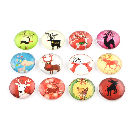CA767 - 10 pcs Assortment of Circle Christmas Glass Round Dome Seals Tiles Cabochons - 12mm - Set 5 - Colorful Raindeer