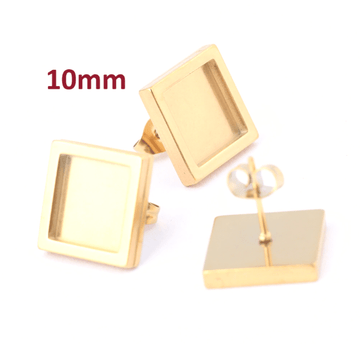 E648 - 6 pcs. 304 Stainless Steel Gold Plated Square Earring Posts Studs Settings Bezels Cabochons Tacks- 10mm x 10mm Glue Pad Setting