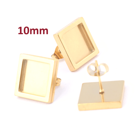E648 - 6 pcs. 304 Stainless Steel Gold Plated Square Earring Posts Studs Settings Bezels Cabochons Tacks- 10mm x 10mm Glue Pad Setting