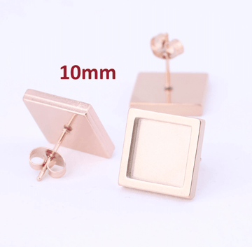 E649 - 6 pcs. 304 Stainless Steel Rose Gold Plated Square Earring Posts Studs Settings Bezels Cabochons Tacks- 10mm x 10mm Glue Pad Setting