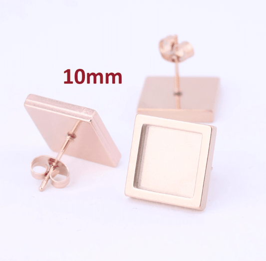E649 - 6 pcs. 304 Stainless Steel Rose Gold Plated Square Earring Posts Studs Settings Bezels Cabochons Tacks- 10mm x 10mm Glue Pad Setting