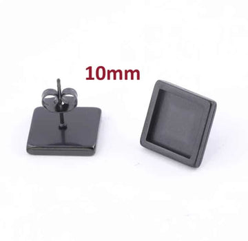 E650 - 6 pcs. 304 Stainless Steel Black Square Earring Posts Studs Settings Bezels Cabochons Tacks- 10mm x 10mm Glue Pad Setting