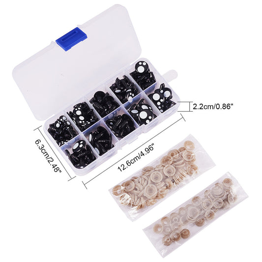 DKB001 - 100 pcs. Kawaii Black Safety Eyes and Backs for Doll and Toy Making - 8mm to 16mm (5 Sizes) - Storage Box Included