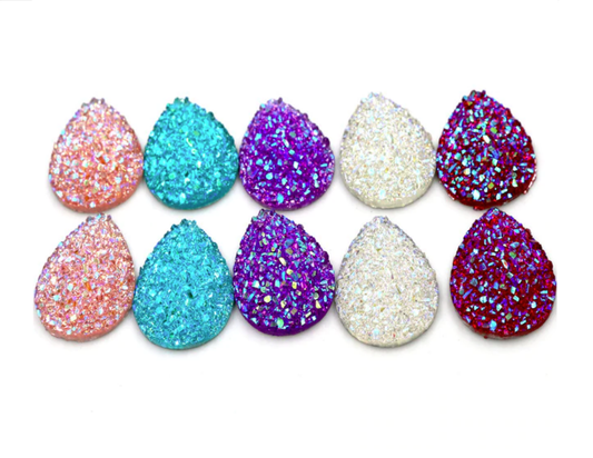 CA999 - 10 pcs Drusy Druzy Resin Embellishment Teardrop Cabochons - Assortment - Dome - 25x18mm - 25mm x 18mm - 18x25mm - Tear Drop - Thick: 5mm