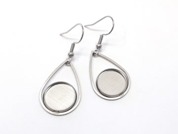 E031 - 6 pcs. 304 Stainless Steel Silver Tone Earring Dangle Hooks Settings Bezels Cabochons - 12mm Glue Pad Settings - Teardrop Style