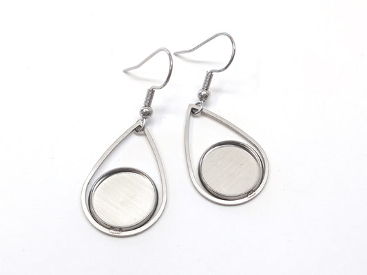 E031 - 6 pcs. 304 Stainless Steel Silver Tone Earring Dangle Hooks Settings Bezels Cabochons - 12mm Glue Pad Settings - Teardrop Style