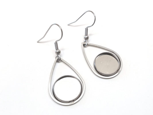 E031 - 6 pcs. 304 Stainless Steel Silver Tone Earring Dangle Hooks Settings Bezels Cabochons - 12mm Glue Pad Settings - Teardrop Style
