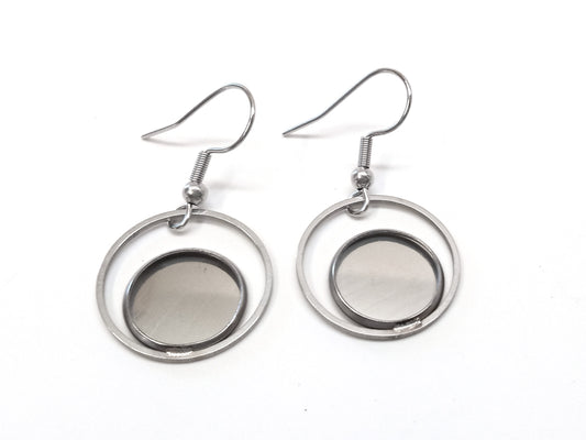 E036 - 6 pcs. 304 Stainless Steel Silver Tone Earring Dangle Hooks Settings Bezels Cabochons - 12mm Glue Pad Settings - Ring Style