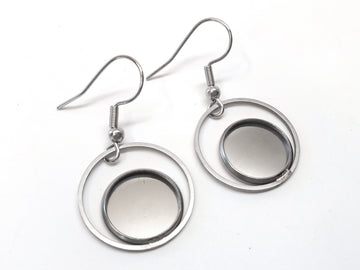 E036 - 6 pcs. 304 Stainless Steel Silver Tone Earring Dangle Hooks Settings Bezels Cabochons - 12mm Glue Pad Settings - Ring Style