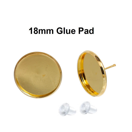 E061 - 10 pcs. Gold Plated Earring Posts Studs Settings Bezels Cabochons Tacks- 18mm Glue Pad Setting - With Rubber Stoppers!