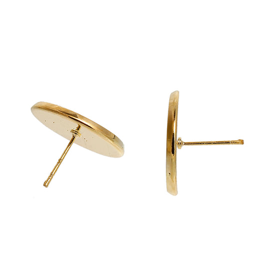 E061 - 10 pcs. Gold Plated Earring Posts Studs Settings Bezels Cabochons Tacks- 18mm Glue Pad Setting - With Rubber Stoppers!