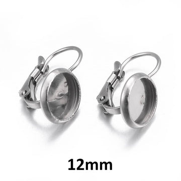 E226 - 10 pcs. 304 Stainless Steel Earring Clips Settings Lever Back Bezels Cabochons - 12mm Glue Pad Setting - Small Profile Lever
