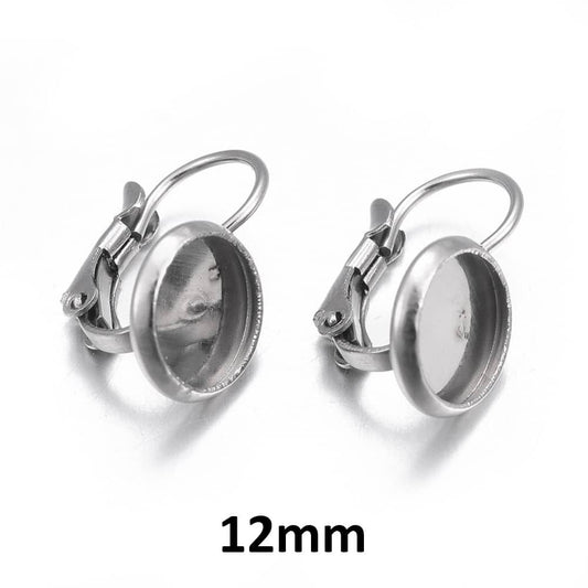 E226 - 10 pcs. 304 Stainless Steel Earring Clips Settings Lever Back Bezels Cabochons - 12mm Glue Pad Setting - Small Profile Lever
