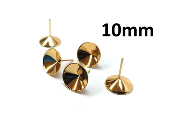 E511 - 10 pcs. (5 pairs) 304 Stainless Steel Earring Cone Posts Studs - For 10mm Pointed Back Rhinestones - Golden