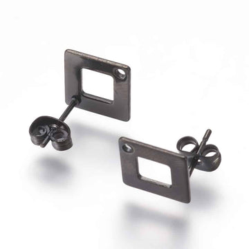 E623 - 10 pcs (5 pairs) 304 Stainless Steel Rhombus Earring Posts/Bases/Studs/Settings with Backs - 14mm x 14mm - Hole for Dangles - Hypoallergenic - Gunmetal Black