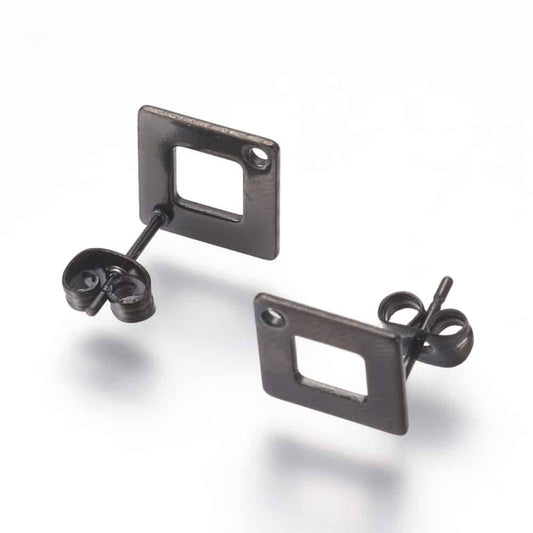 E623 - 10 pcs (5 pairs) 304 Stainless Steel Rhombus Earring Posts/Bases/Studs/Settings with Backs - 14mm x 14mm - Hole for Dangles - Hypoallergenic - Gunmetal Black