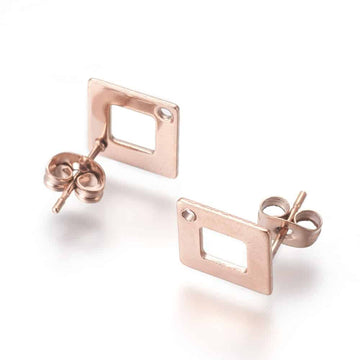E624 - 10 pcs (5 pairs) 304 Stainless Steel Rhombus Earring Posts/Bases/Studs/Settings with Backs - 14mm x 14mm - Hole for Dangles - Hypoallergenic - Rose Gold Ion Plated