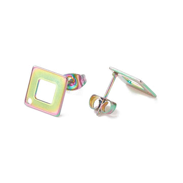 E625 - 10 pcs (5 pairs) 304 Stainless Steel Rhombus Earring Posts/Bases/Studs/Settings with Backs - 14mm x 14mm - Hole for Dangles - Hypoallergenic - Rainbow Ion Plated