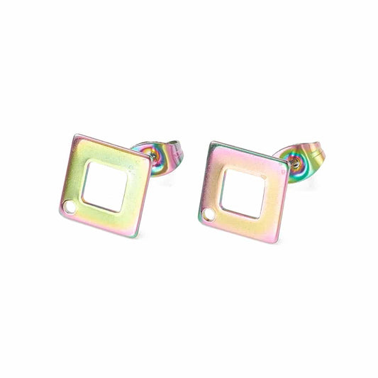 E625 - 10 pcs (5 pairs) 304 Stainless Steel Rhombus Earring Posts/Bases/Studs/Settings with Backs - 14mm x 14mm - Hole for Dangles - Hypoallergenic - Rainbow Ion Plated