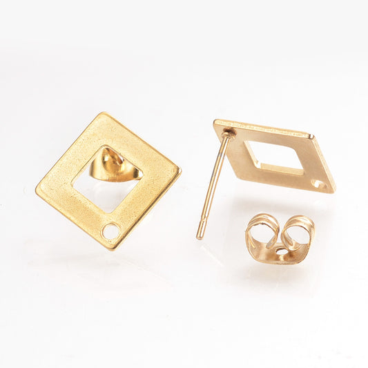 E626 - 10 pcs (5 pairs) 304 Stainless Steel Rhombus Earring Posts/Bases/Studs/Settings with Backs - 14mm x 14mm - Hole for Dangles - Hypoallergenic - Gold Ion Plated