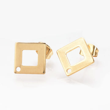 E626 - 10 pcs (5 pairs) 304 Stainless Steel Rhombus Earring Posts/Bases/Studs/Settings with Backs - 14mm x 14mm - Hole for Dangles - Hypoallergenic - Gold Ion Plated