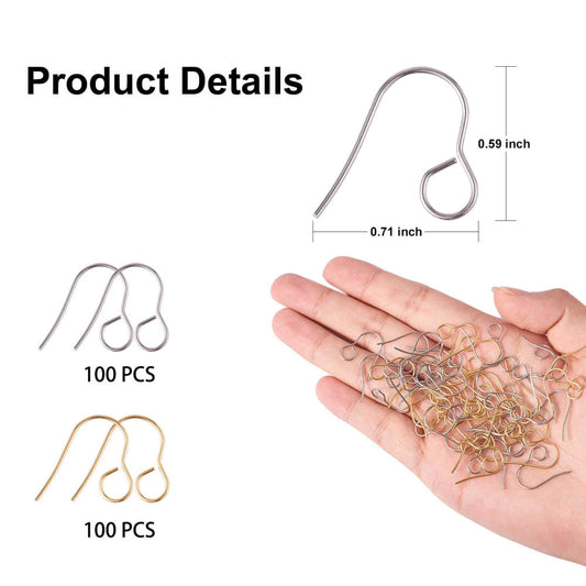 E634 - 100 pcs 316 Stainless Steel Earring Hooks with Loop Hole - 18mm x 15mm - Large Hole: 4.6mm - 50 Silver and 50 Gold