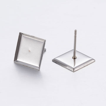 E646 - 10 pcs. 304 Stainless Steel Earring Posts Studs Settings Bezels Cabochons Tacks - 10mm x 10mm Glue Pad Setting - Square