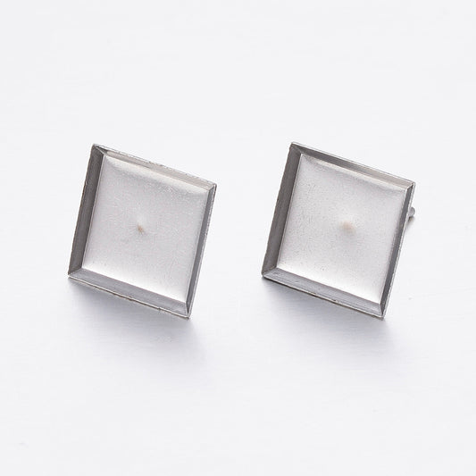 E646 - 10 pcs. 304 Stainless Steel Earring Posts Studs Settings Bezels Cabochons Tacks - 10mm x 10mm Glue Pad Setting - Square