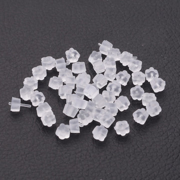 E647A - 100 pcs (50 Pairs) Clear Translucent Rubber Earring Back Stoppers Nuts - 4mm x 2.5mm - Flower - Hole: 0.7mm