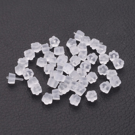 E647A - 100 pcs (50 Pairs) Clear Translucent Rubber Earring Back Stoppers Nuts - 4mm x 2.5mm - Flower - Hole: 0.7mm