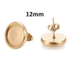 E661 - 10 pcs. 304 Stainless Steel Gold Plated Earring Posts Settings Bezels Cabochons Tacks- 12mm Glue Pad Setting - with Stoppers! Round Edge