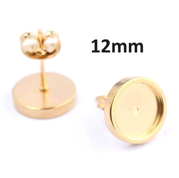 E662 - 10 pcs. 304 Stainless Steel Gold Plated Earring Posts Settings Bezels Cabochons Tacks- 12mm Glue Pad Setting - with Stoppers! Flat Edge