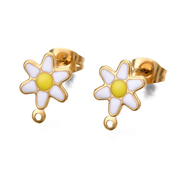 E664 - 10 pcs. 304 Stainless Steel Gold Plated Daisy Floral Earring Ball Posts with Loop - White Enamel - 12.5mm x 9mm - Hole: 1mm - with Stoppers