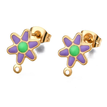E666 - 10 pcs. 304 Stainless Steel Gold Plated Daisy Floral Earring Ball Posts with Loop - Purple Enamel - 12.5mm x 9mm - Hole: 1mm - with Stoppers