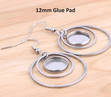 E674 - 6 pcs. 304 Stainless Steel Silver Tone Earring Dangle Bezel Hooks with Rings - 12mm Glue Pad Settings