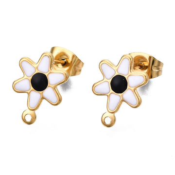 E675 - 10 pcs. 304 Stainless Steel Gold Plated Daisy Floral Earring Ball Posts with Loop - White and Black Enamel - 12.5mm x 9mm - Hole: 1mm - with Stoppers