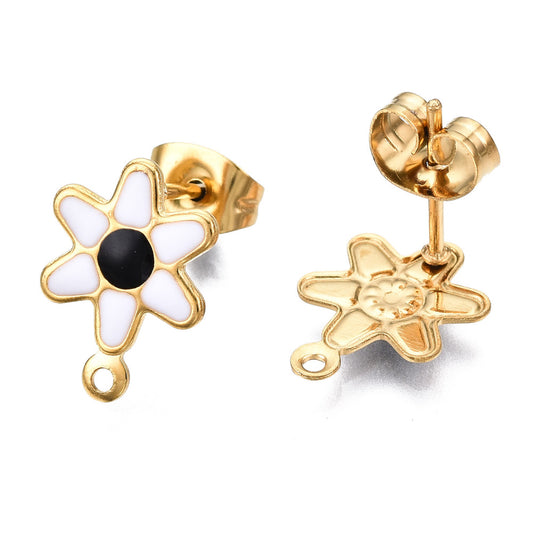 E675 - 10 pcs. 304 Stainless Steel Gold Plated Daisy Floral Earring Ball Posts with Loop - White and Black Enamel - 12.5mm x 9mm - Hole: 1mm - with Stoppers