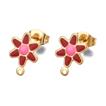 E676 - 10 pcs. 304 Stainless Steel Gold Plated Daisy Floral Earring Ball Posts with Loop - Red Enamel - 12.5mm x 9mm - Hole: 1mm - with Stoppers