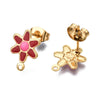E676 - 10 pcs. 304 Stainless Steel Gold Plated Daisy Floral Earring Ball Posts with Loop - Red Enamel - 12.5mm x 9mm - Hole: 1mm - with Stoppers